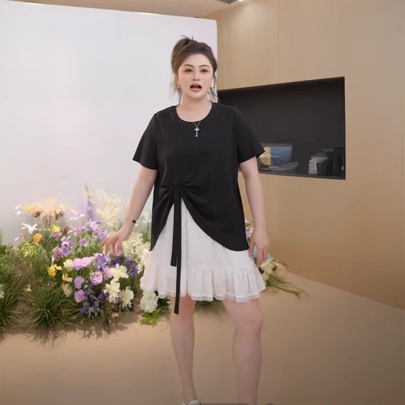 胖媛媛大码女装设计感开叉遮屁股T恤女夏季胖mm显瘦短袖正肩上衣