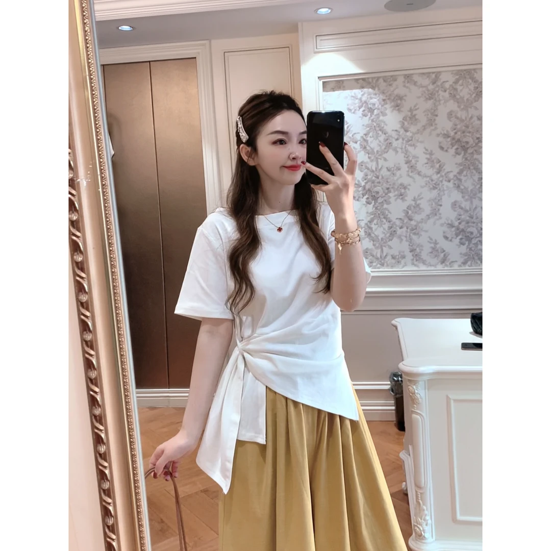 【竺姐】设计款侧边绑带开叉收腰显瘦短袖T恤