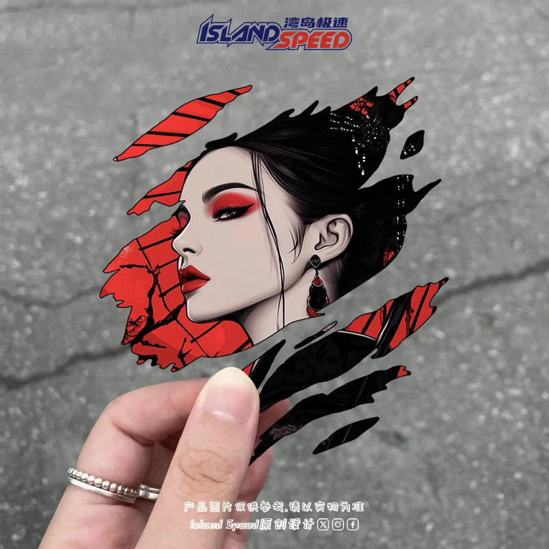 动漫女武士车贴撕裂效果创意设计汽车车身头盔电脑主机贴画