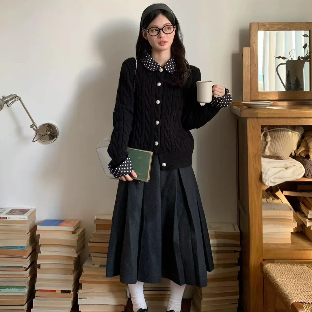 黑拼波点假两件翻领麻花毛衣开衫女冬季新款超好看针织上衣