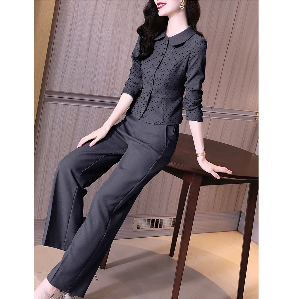 W8312秋装气质女装穿搭通勤套装深灰色娃娃领衬衫阔腿裤两件套