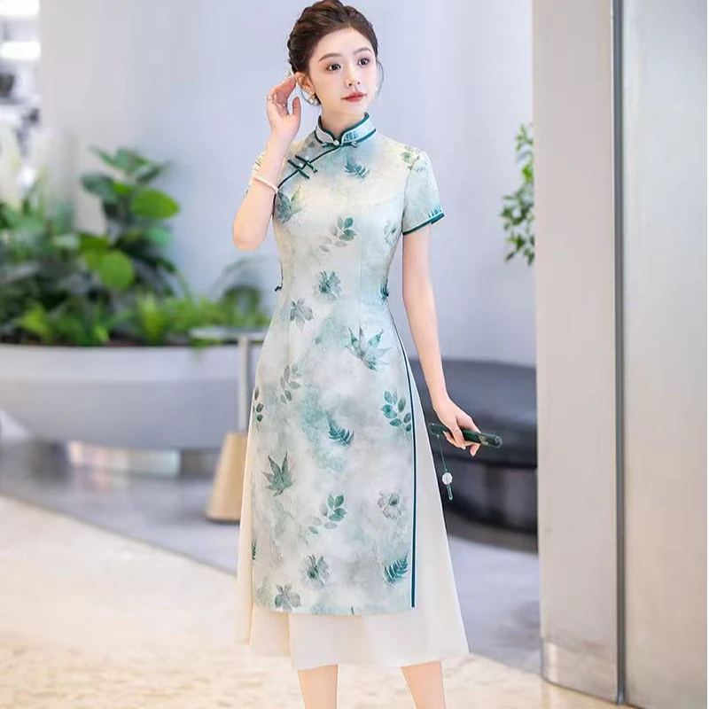瓷萱【亦瑶】夏款显瘦时尚气质旗袍短袖中国风立领裙子中长款日常