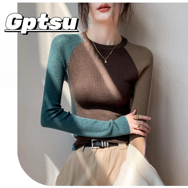 GPTSu拼色圆领长袖恤女2025秋季小众内搭打底衫修身羊毛百搭上衣