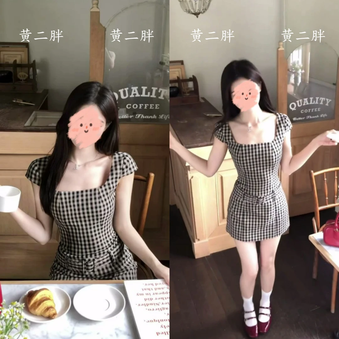 法式气质格纹方领连衣裙女夏新款小众复古显瘦包臀裙miu系公主裙