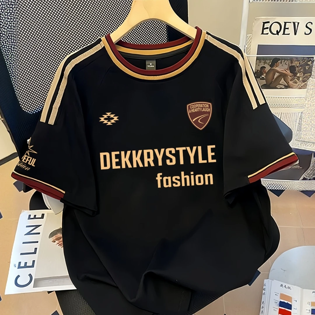 Dekkry夏季休闲100%纯棉美式创意字母印花拼接三条杠短袖T恤男女