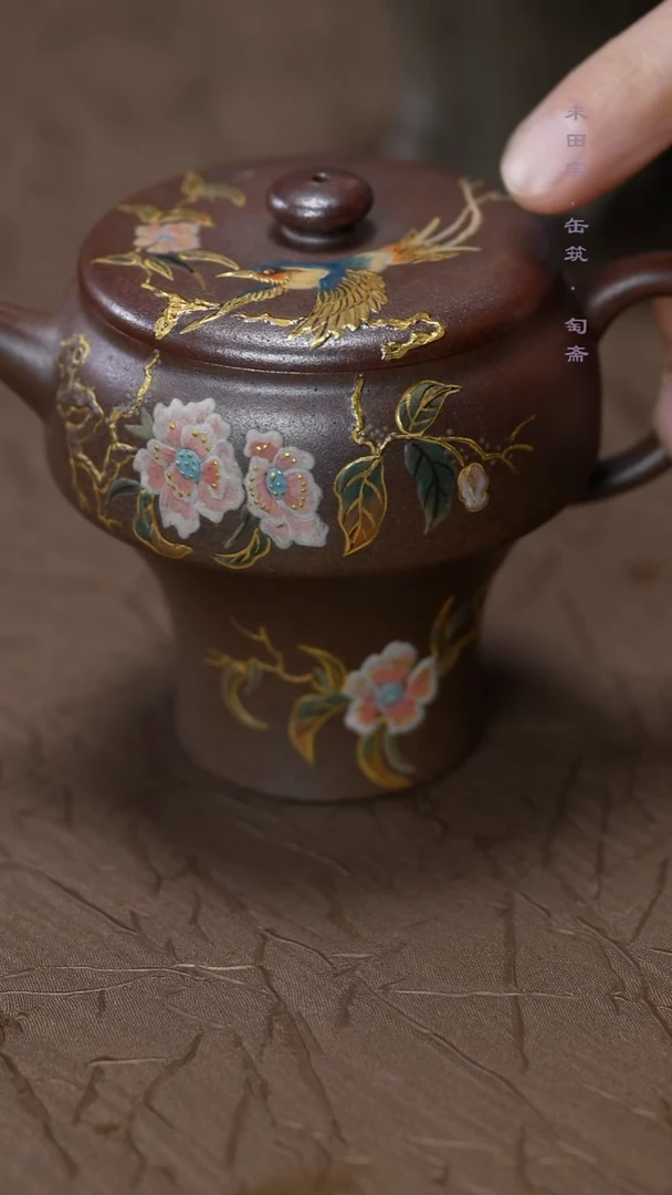 茶壶紫砂胭脂红柴烧天茶星紫泥海棠雀鸟高足宫灯180cc