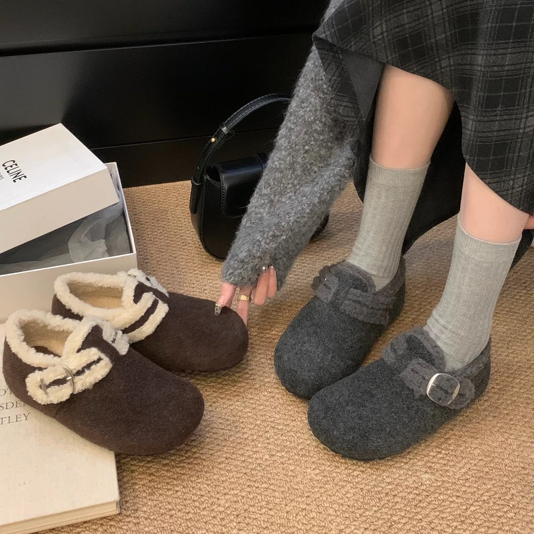 内增高3CM~灰色毛毛鞋女冬外穿新款勃肯鞋女厚底加绒棉鞋呢子单鞋