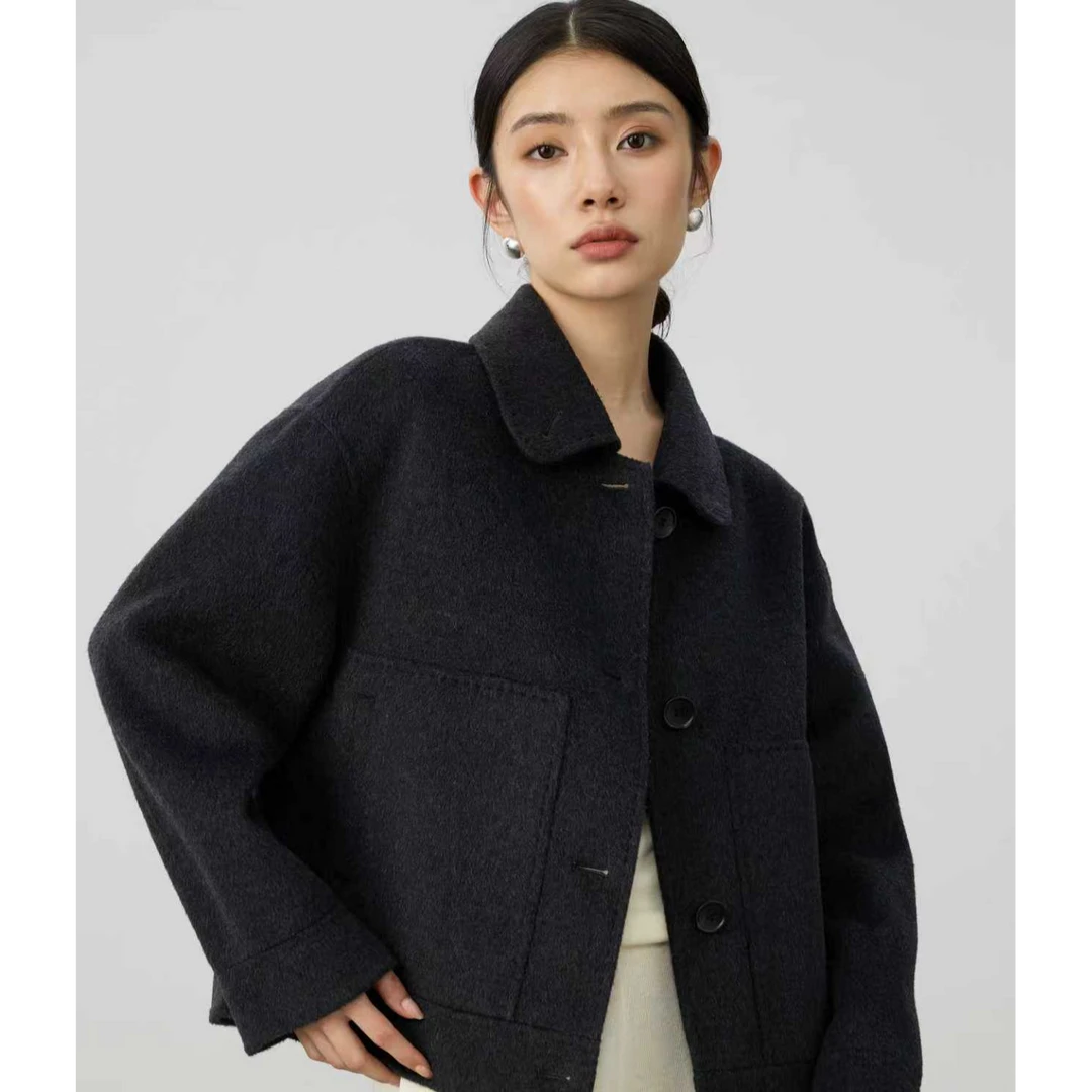 靓婆婆女士短款森系毛呢外套扎染休闲常规袖时尚秋冬双面呢外套