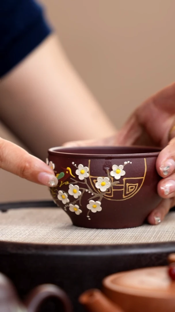 茶壶紫砂紫泥大碗杯泥绘梅花