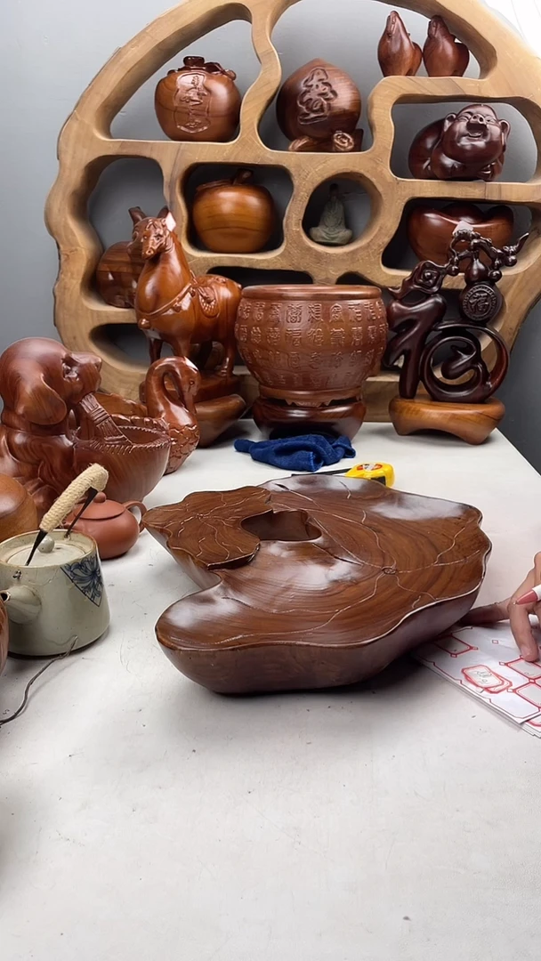 香樟木A34荷叶异形果盆/尺寸43*34*6