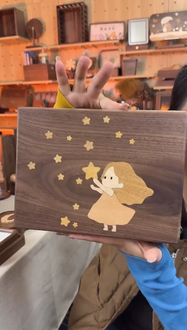 木北美黑胡桃大号小女孩内双层实木镶嵌首饰盒