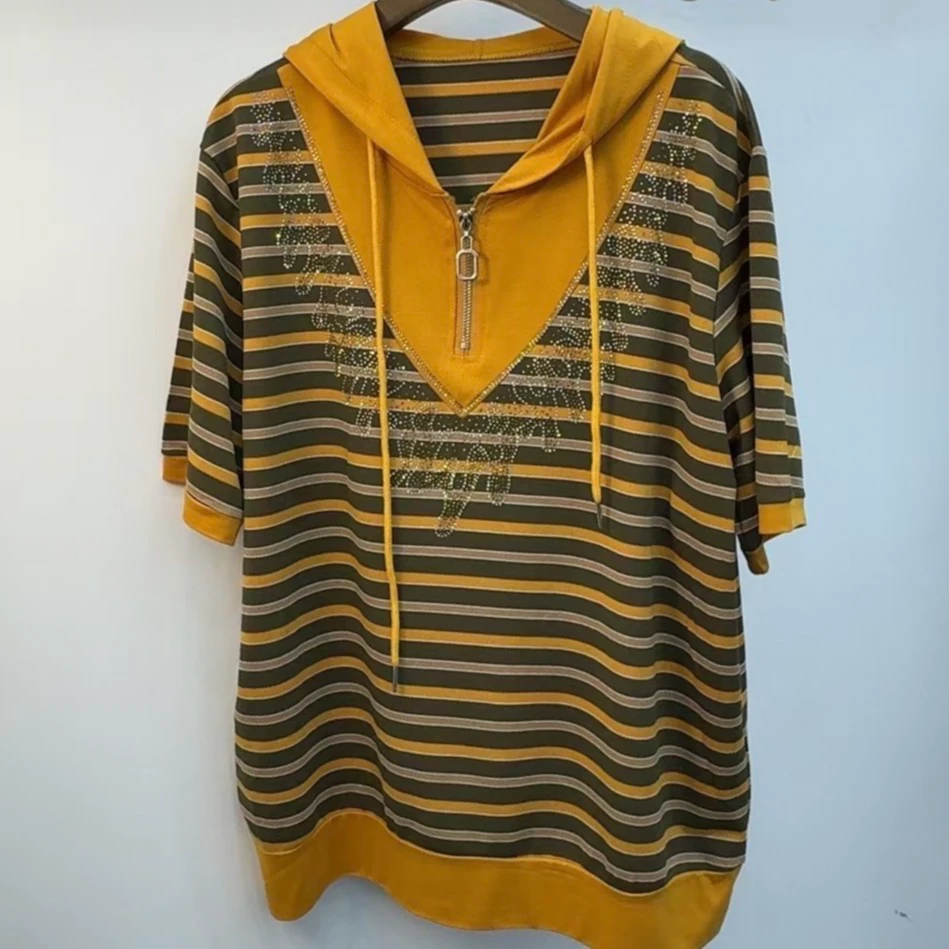 夏季新款简约时尚连帽休闲条纹短袖上衣