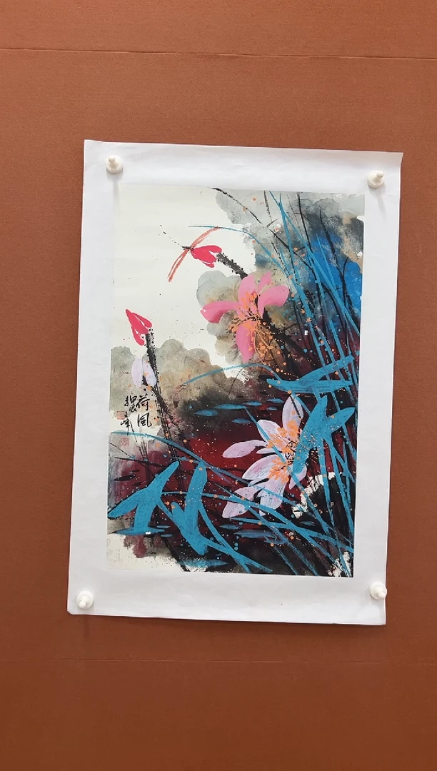 国画李文峰四尺三开亮彩荷花