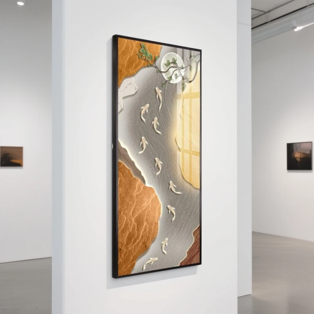 电表箱挂画装饰画遮挡强弱电箱消防栓电闸装饰画竖款九鱼图轻奢画