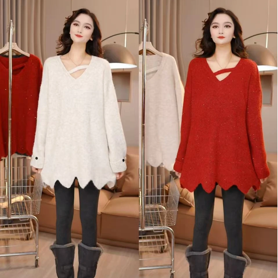 2025新款加厚针织冬季V领毛衣袖口纽扣ins慵懒风韩版女装1178#