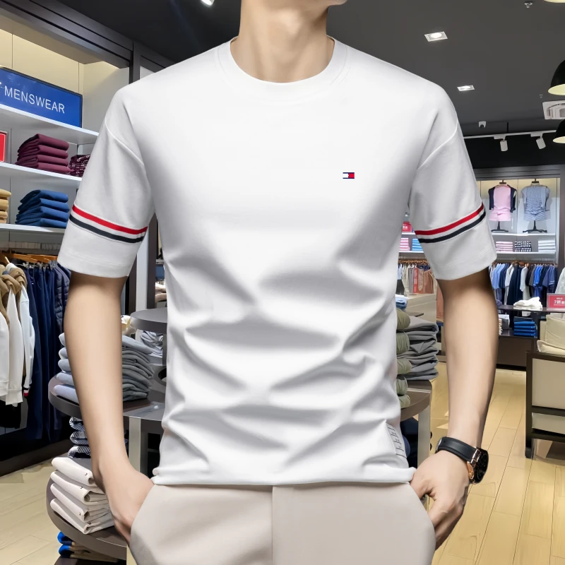 正品Tommy汤米夏季短袖t恤男士时尚韩版条纹色织带TB风圆领上衣男
