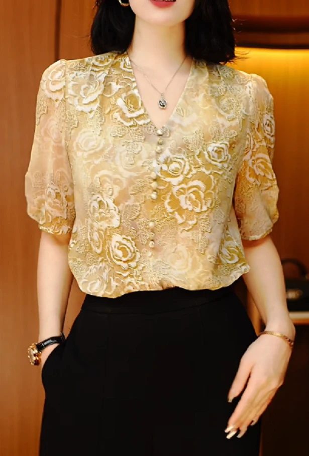 香槟玫瑰-新款上衣百搭时尚气质v领印花洋气经典高级