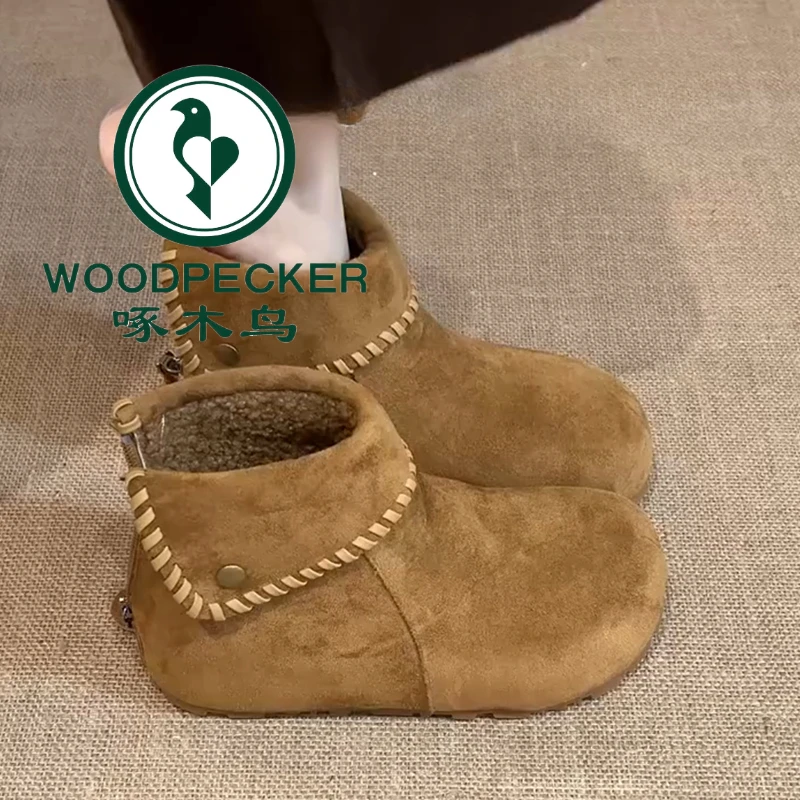 啄木鸟复古厚底加绒雪地靴女款2025新款冬季百搭保暖棉鞋勃肯短靴