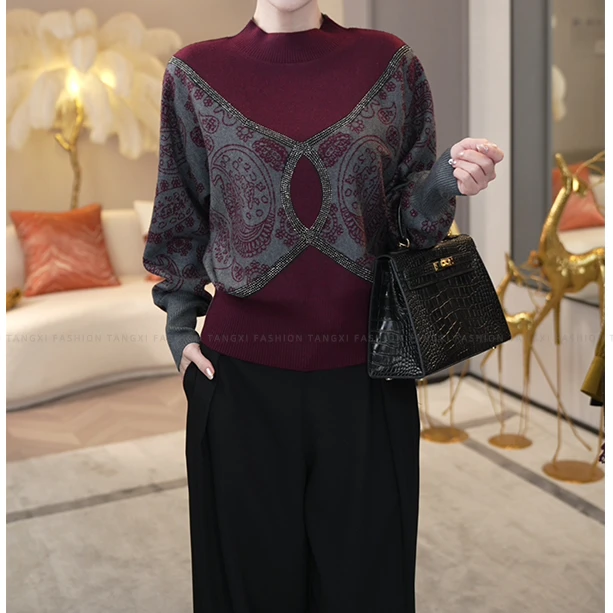 现货2025冬季新款【LT-942】含绵羊毛百搭两面穿红灰色针织衫毛衣女