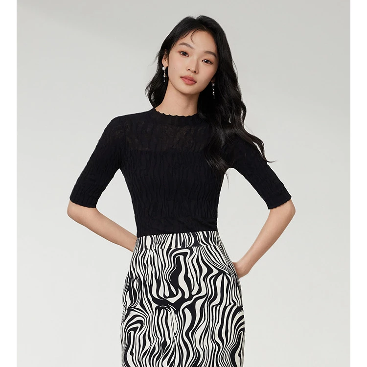 【曼德诗】波浪提花针织衫女长袖针织衫百搭修身全棉MC733210806