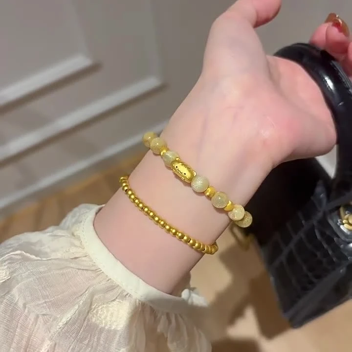 铜合金手链 金面包小猫咪金发晶手链 轻奢高级感黄色水晶手串珠女