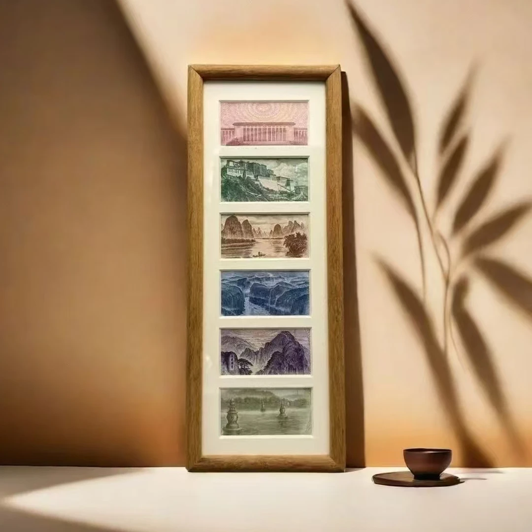 【现货】增运多金画框摆台六连框钱币字画胡桃色木质相框人民币装饰