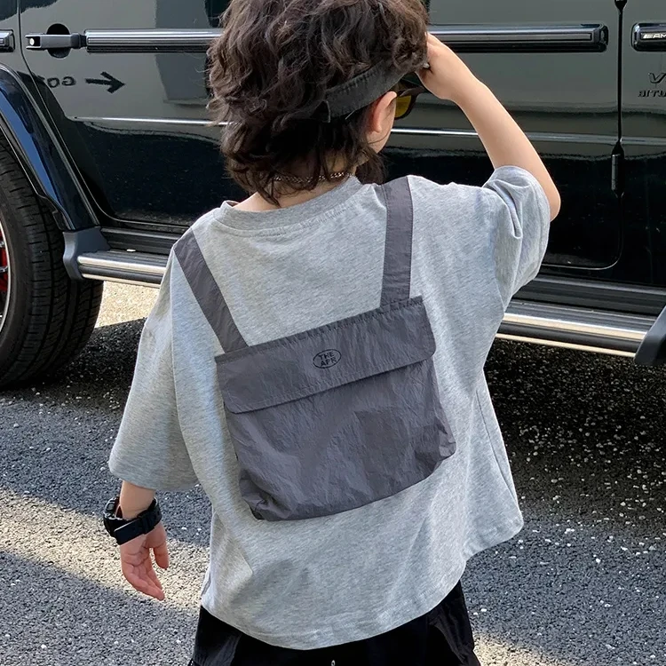 潮酷痞帅童装男童t恤短袖韩版假两件洋气休闲上衣儿童夏季中大童T