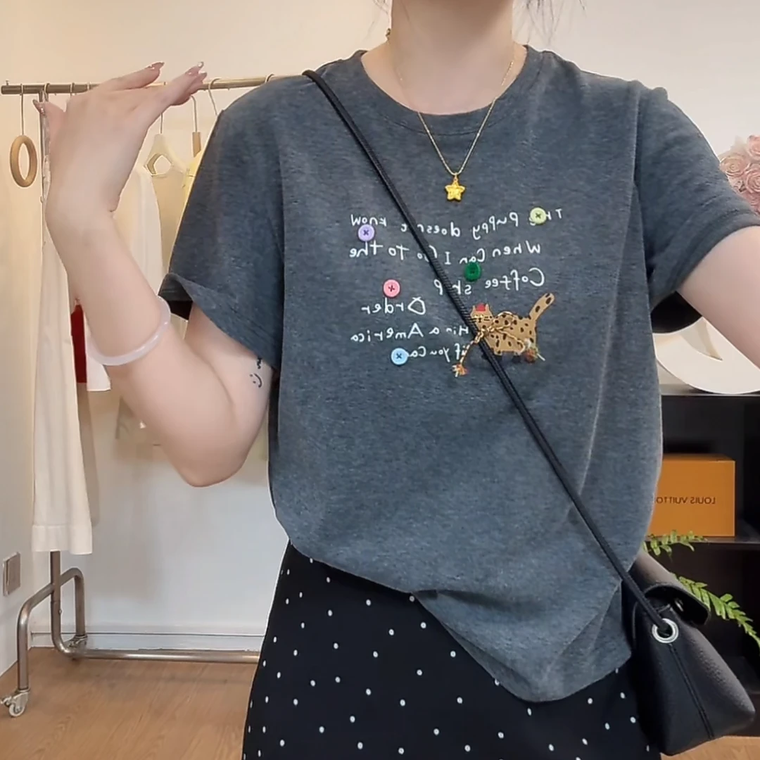 2025夏季新款设计感韩版正肩斑点猫短袖T恤女ins舒适气质百搭上衣