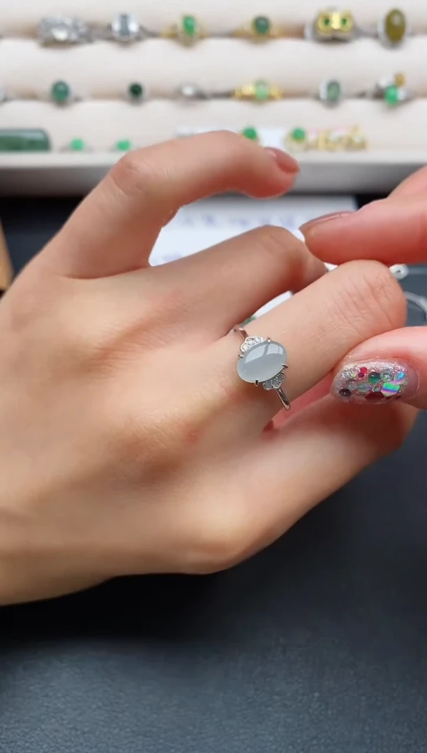 银S925镶嵌戒指翡翠缅甸天然A货翡翠11  5-5