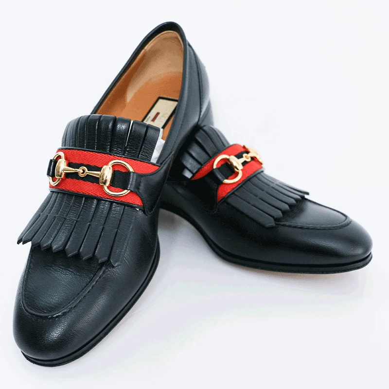 全新未使用 GUCCI/古驰 休闲马衔扣流苏黑色乐福鞋40.5码