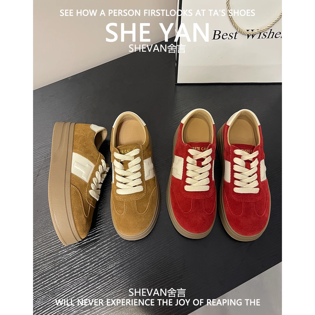 羊皮版~厚底系带拼色阿甘德训鞋女2025年新款百搭复古休闲运动鞋