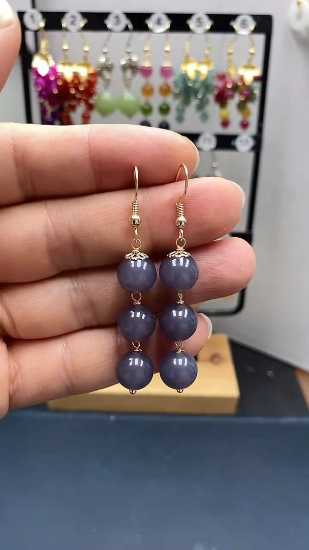 和田玉银S925镀金镶嵌耳饰尺寸10mm连珠烟紫