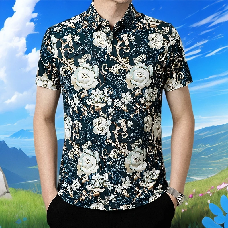2025夏季新品男装短袖印花衬衫男士时尚商务休闲薄款高档衬衣潮流