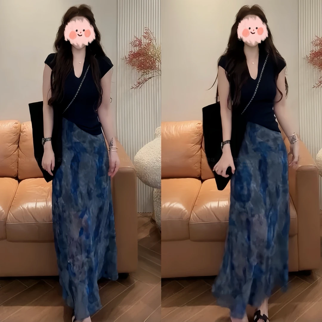 2025夏季新款轻熟法式V领复古修身高级感上衣气质垂感半身裙套装