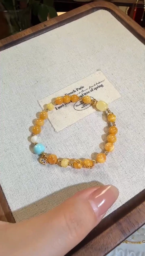 【闪购商品】蜜蜡手链银S925镶嵌鸡油黄