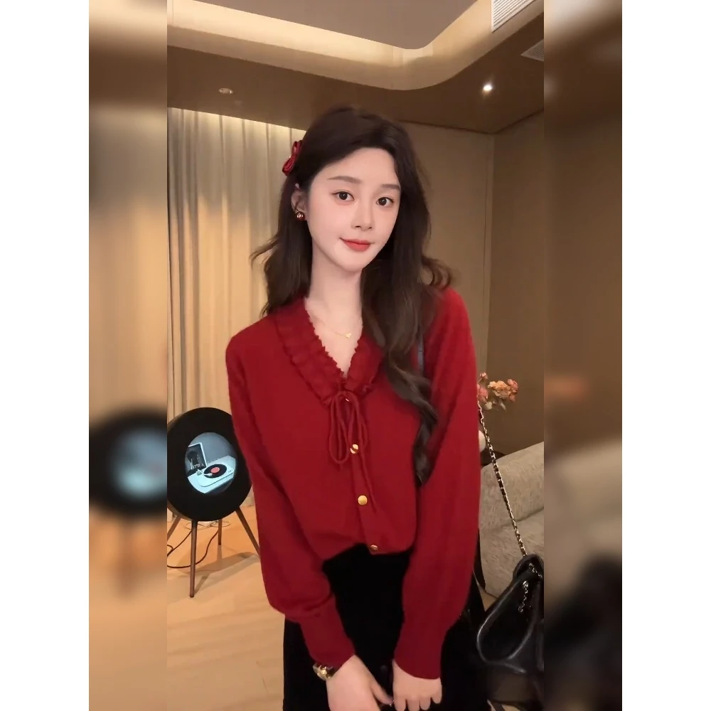 韩系慵懒松弛感设计感小众内搭毛衣高级感巨好看红色针织衫女秋季