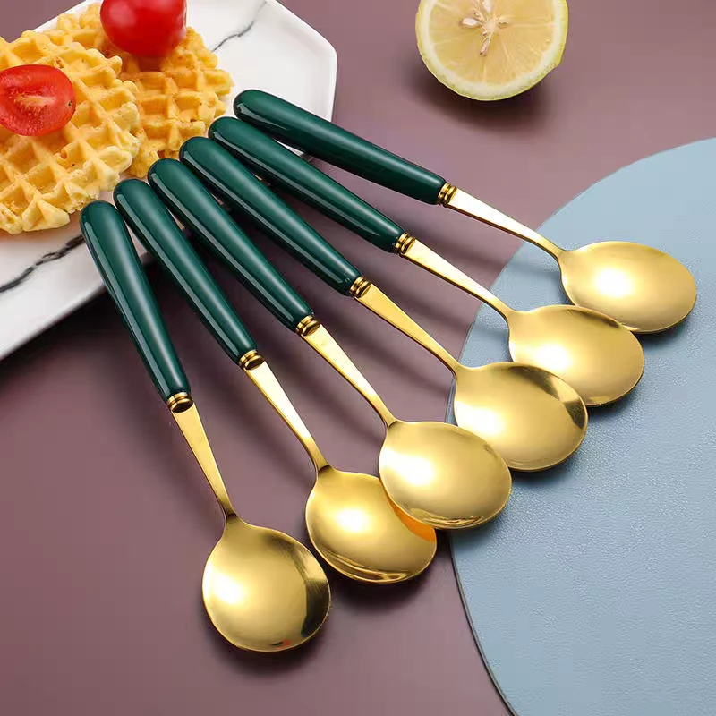 墨绿色不锈钢陶瓷手柄加厚勺子家用吃饭喝汤勺餐勺颜色随机发货