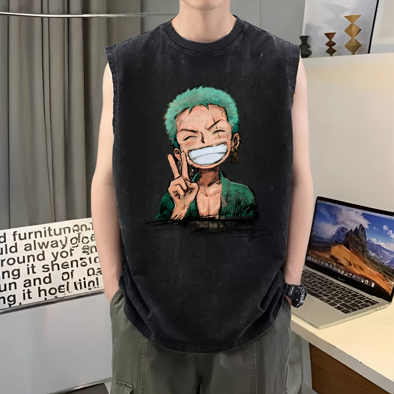 水洗做旧中性风印花坎肩背心马甲宽松男女同款无袖上衣运动美式