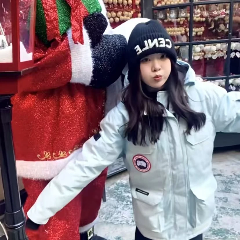 95新 加拿大鹅 潮奢豆 严选/水蓝色徽标贴饰连帽羽绒服/H13594