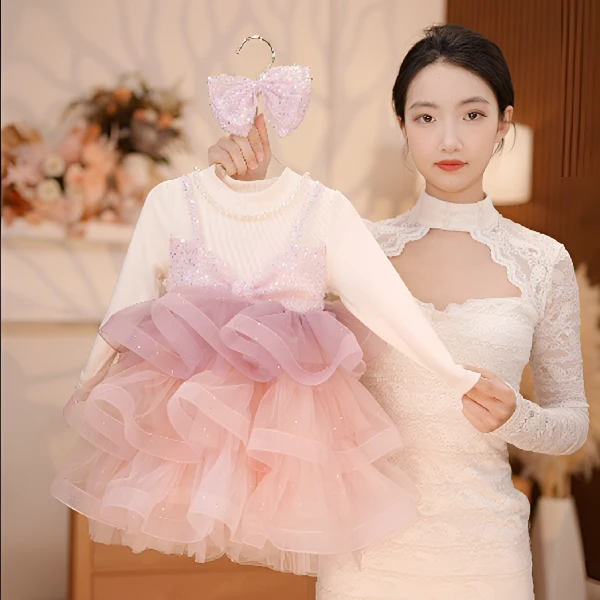 【Y.a4264】24新款女童洋气亮片拼接网纱蛋糕公主裙秋冬甜美连衣裙