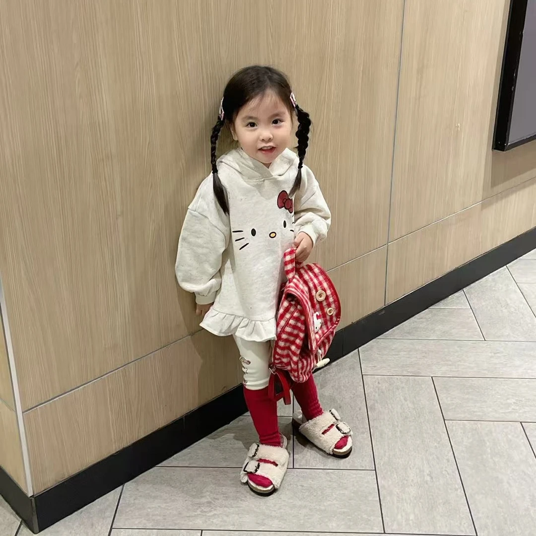 壹妈韩版童装女童秋季套装洋气儿童休闲连帽卡通kt猫卫衣裙打底裤