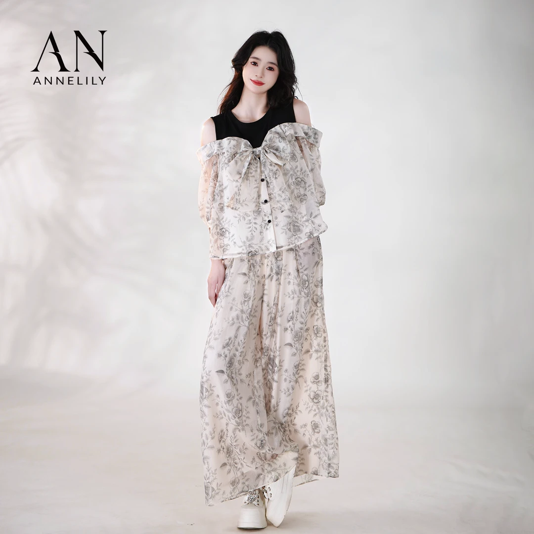 ANNELILY安甜甜【清蝶】夏季高级感时尚百搭甜美长裤套装AT2507012