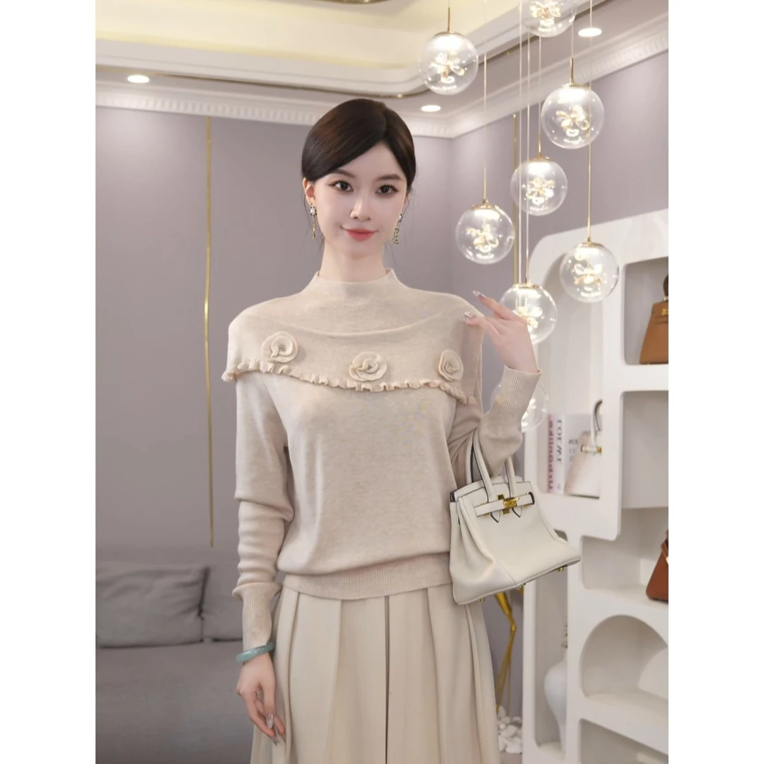 2026秋冬新款【JR-43】含绵羊毛燕麦色轻奢扎花立领木耳边针织衫女