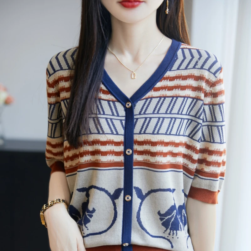 羊范薄款V领复古撞色提花针织开衫女士百搭显瘦100天丝莱赛尔短袖