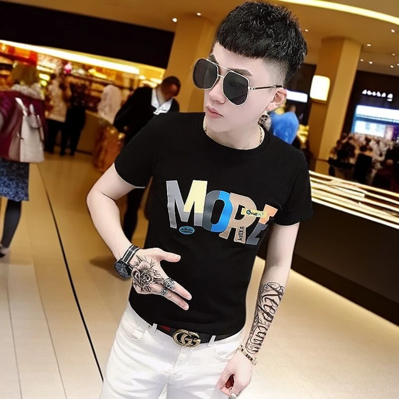 夏季款潮牌时尚短袖T恤男士圆领修身潮流印花刺绣丝光棉半袖上衣