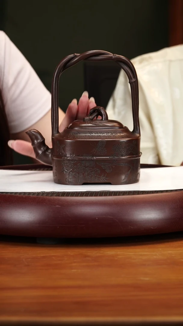 茶壶紫砂46ZKXZCP四方绞竹提梁甲级紫泥