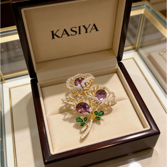 kasiya/卡思雅 铜合金仿水晶胸针 新款气质璀璨水晶紫玫瑰胸针
