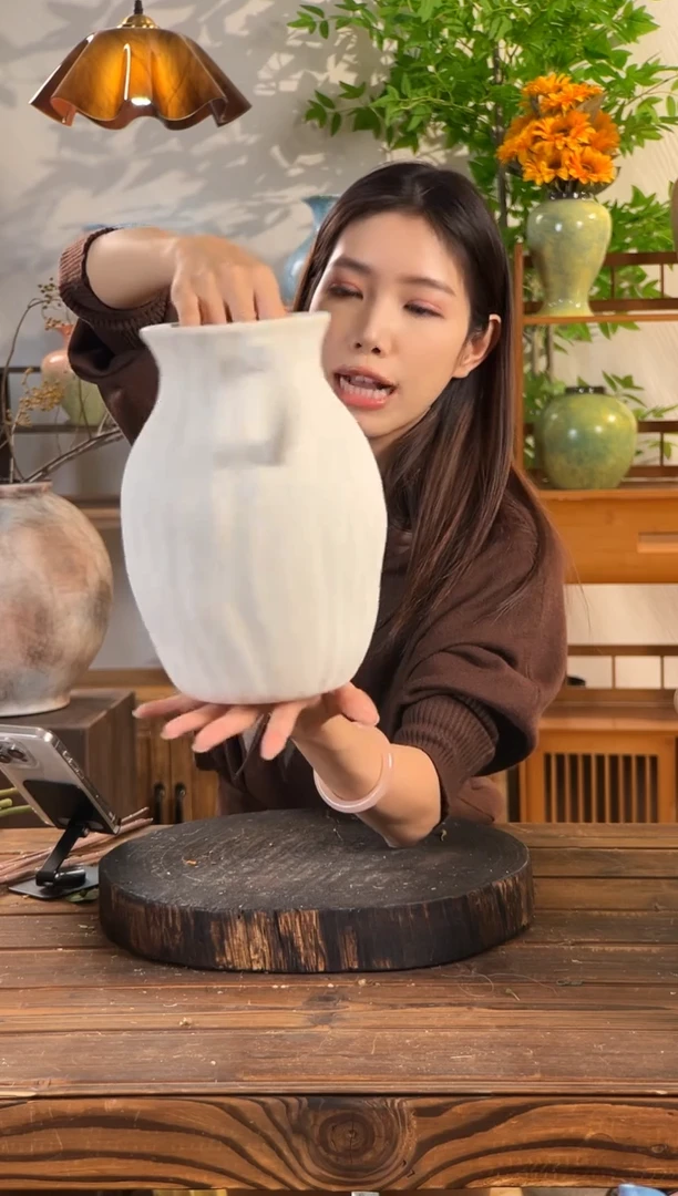 【双耳超大号】素色北欧现代简约竖纹陶瓷花瓶鲜花花器