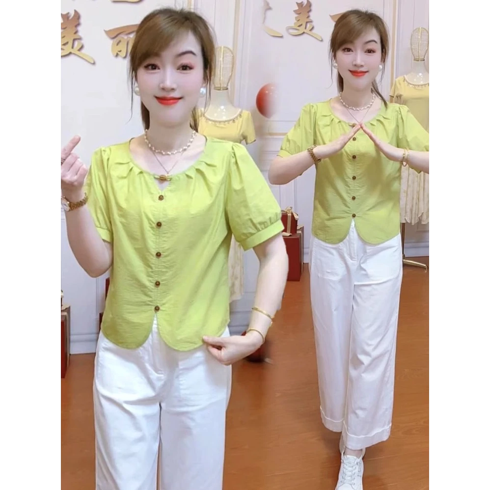 时尚短袖衬衫女2025夏季新款时髦洋气圆领衬衣显瘦百搭气质上衣潮