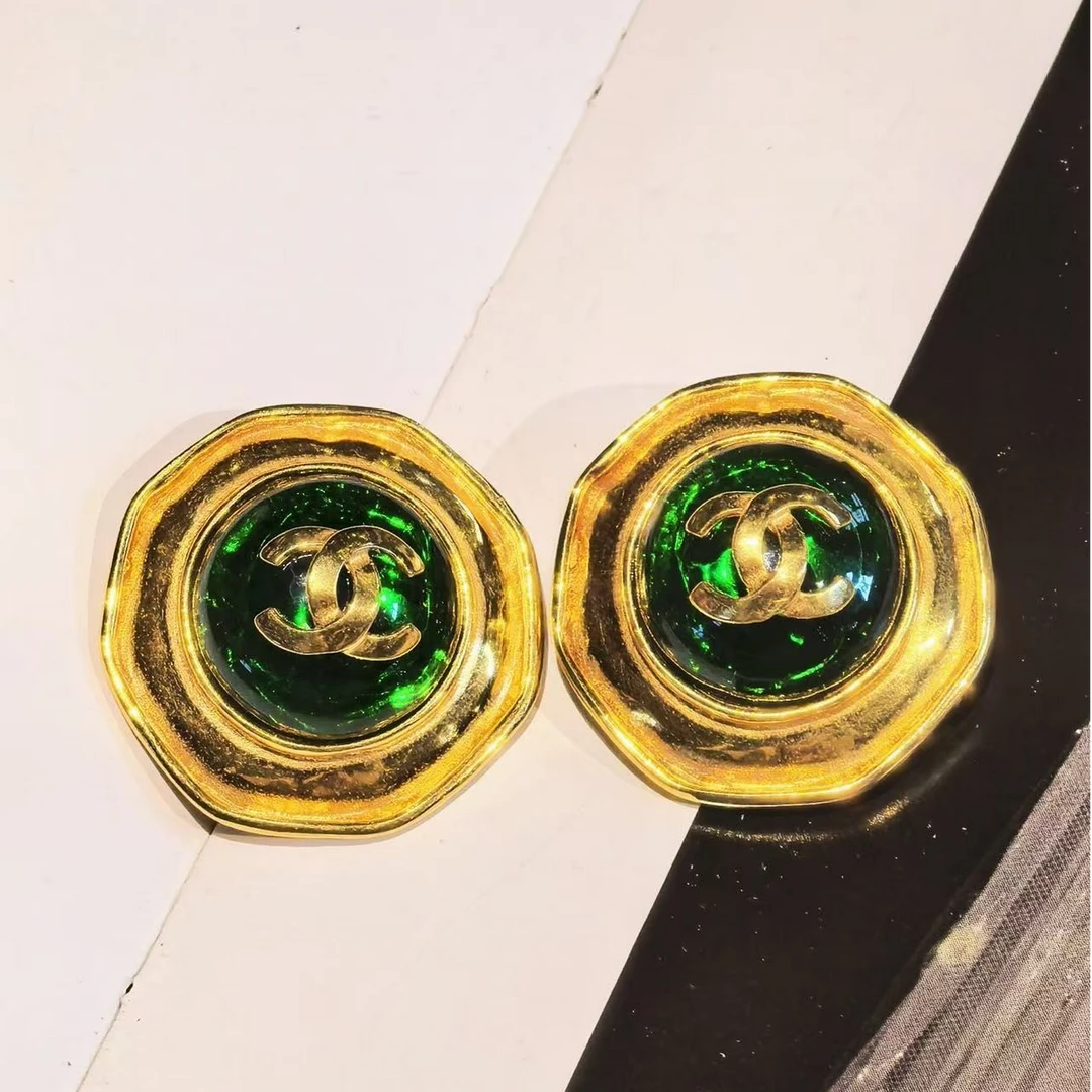 95新 Chanel/香奈儿 中古素金绿琉璃双C耳夹/M51102